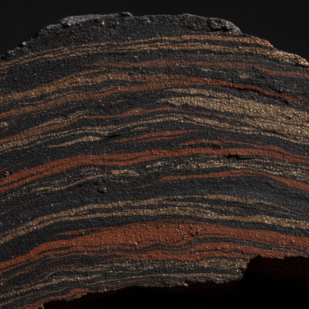 Cross-section of a mineral core sample showing layered strata