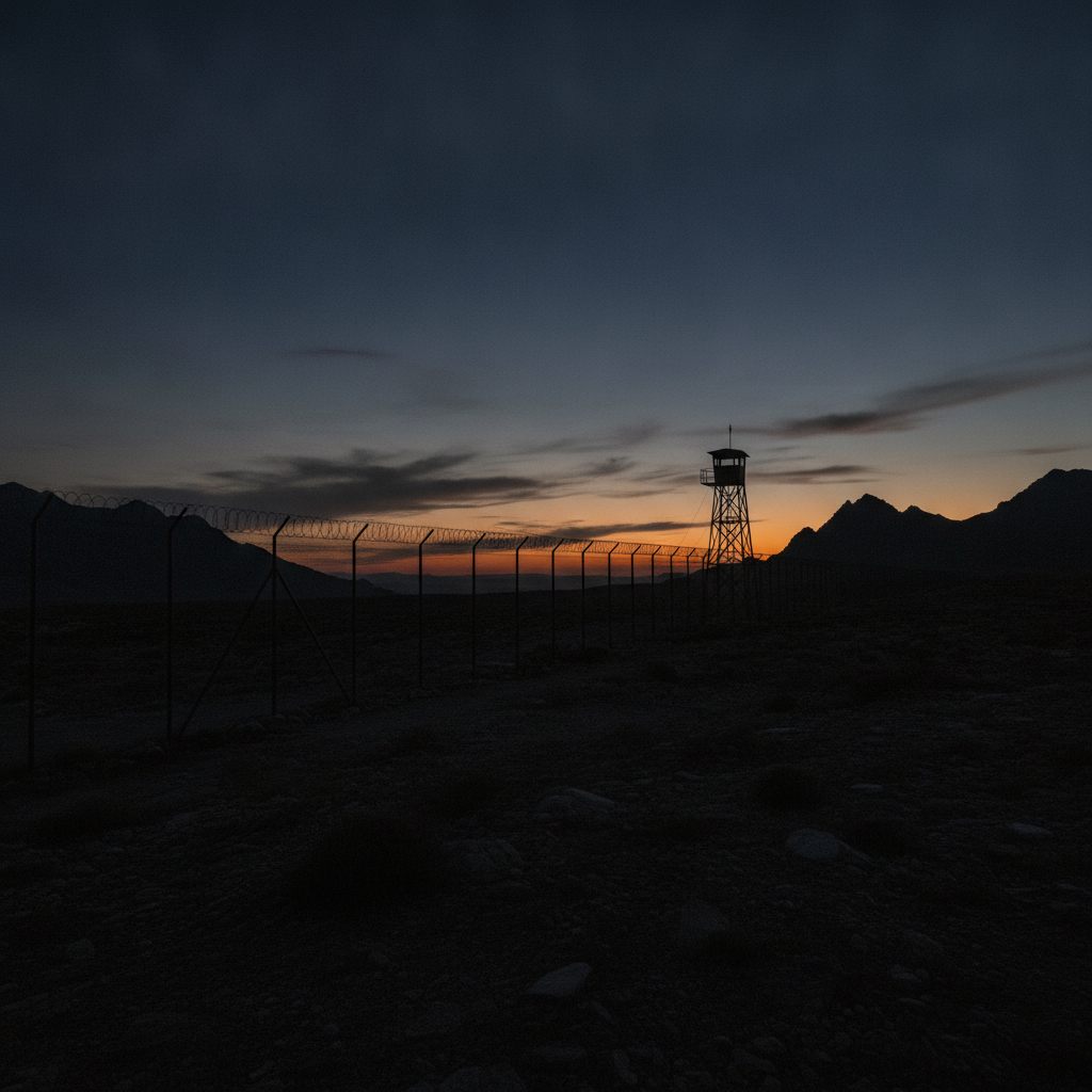 Perimeter fence and watchtower at dusk