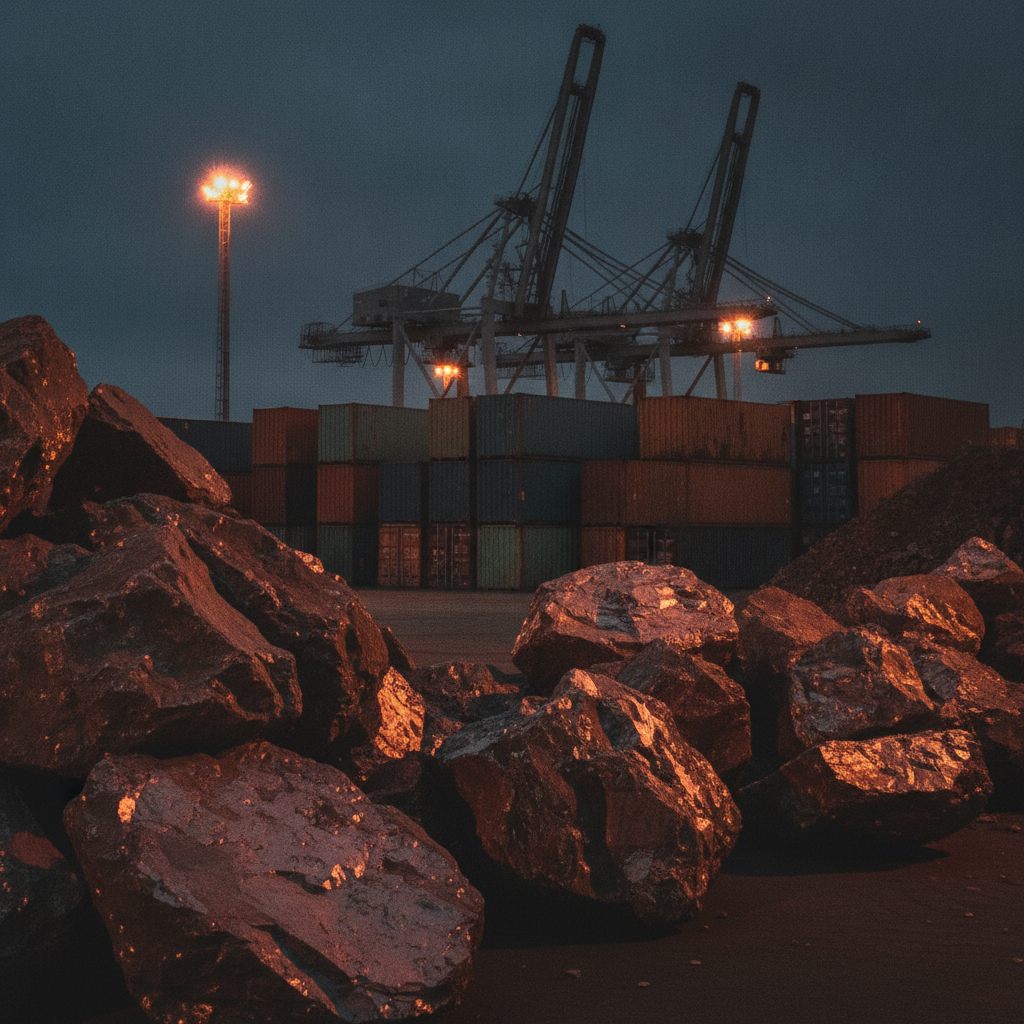 Raw ore beside shipping containers at dusk