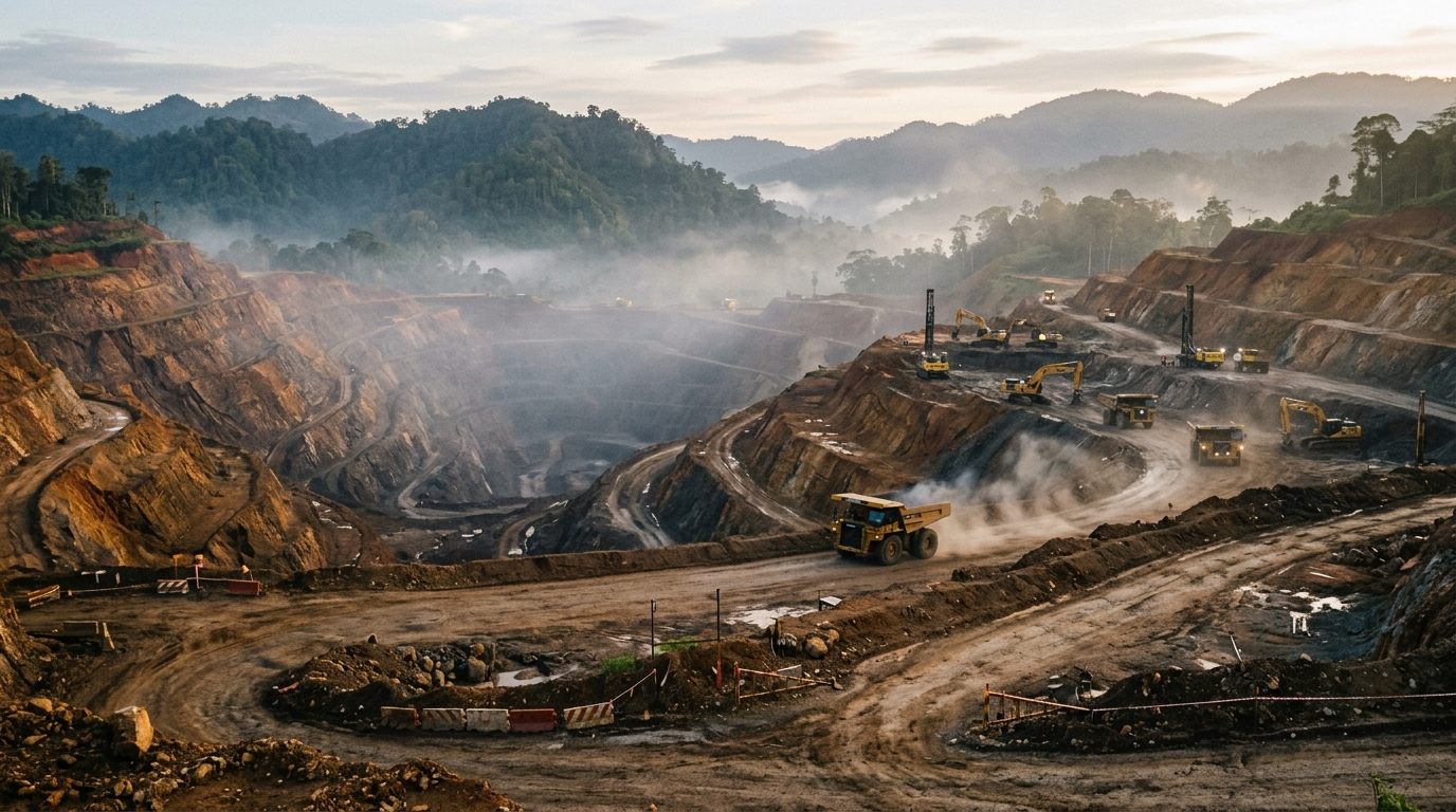 Open-pit nickel mining operation in Southeast Asia at dawn