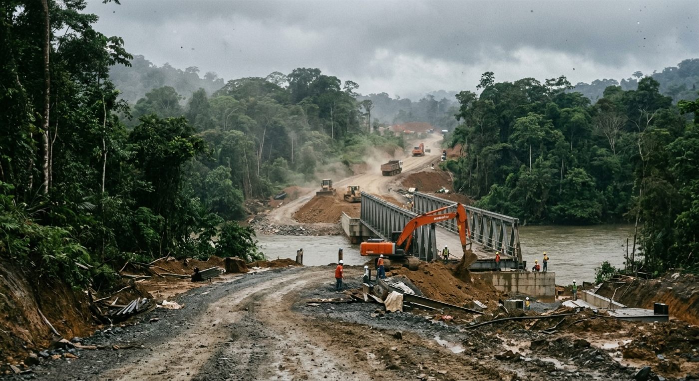 Access road and bridge under construction through tropical terrain toward a remote mineral site