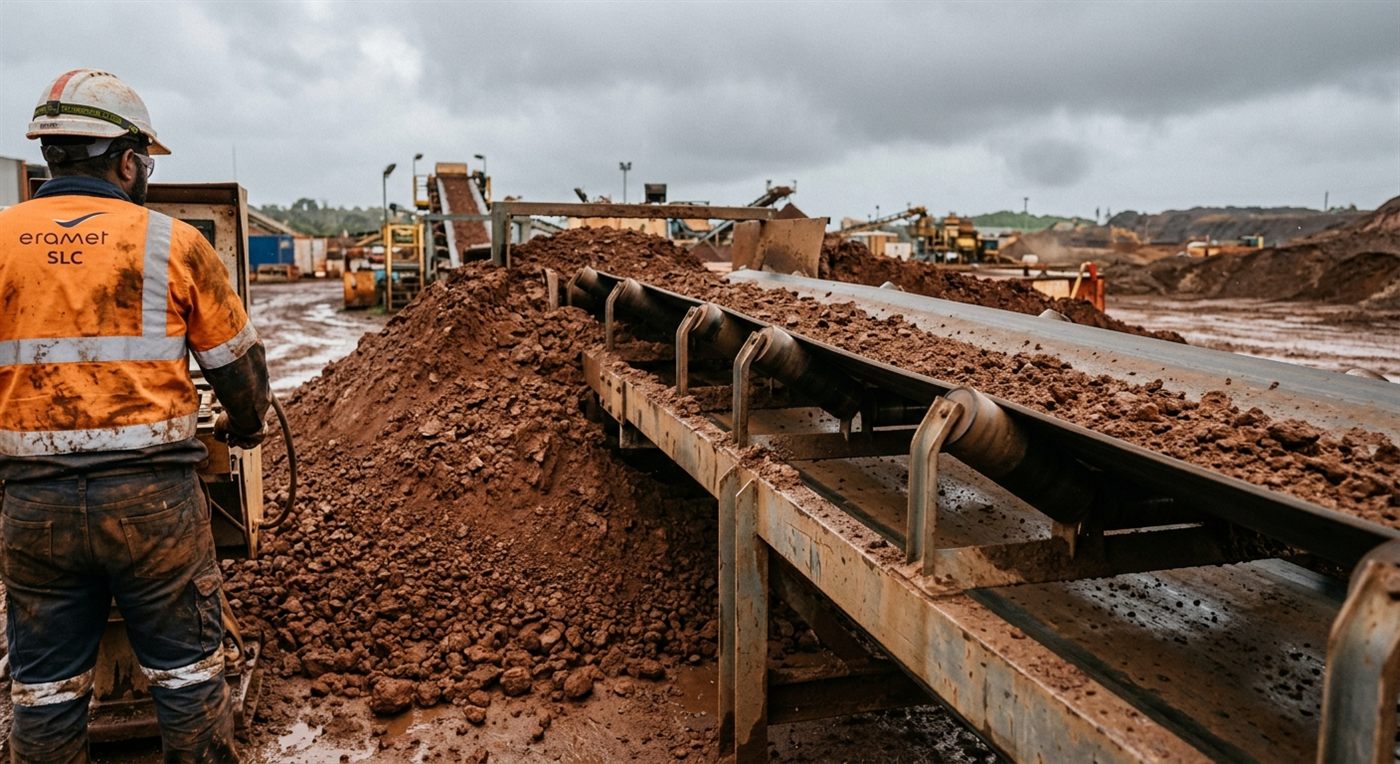 Stockpile of raw nickel laterite ore at an industrial processing site