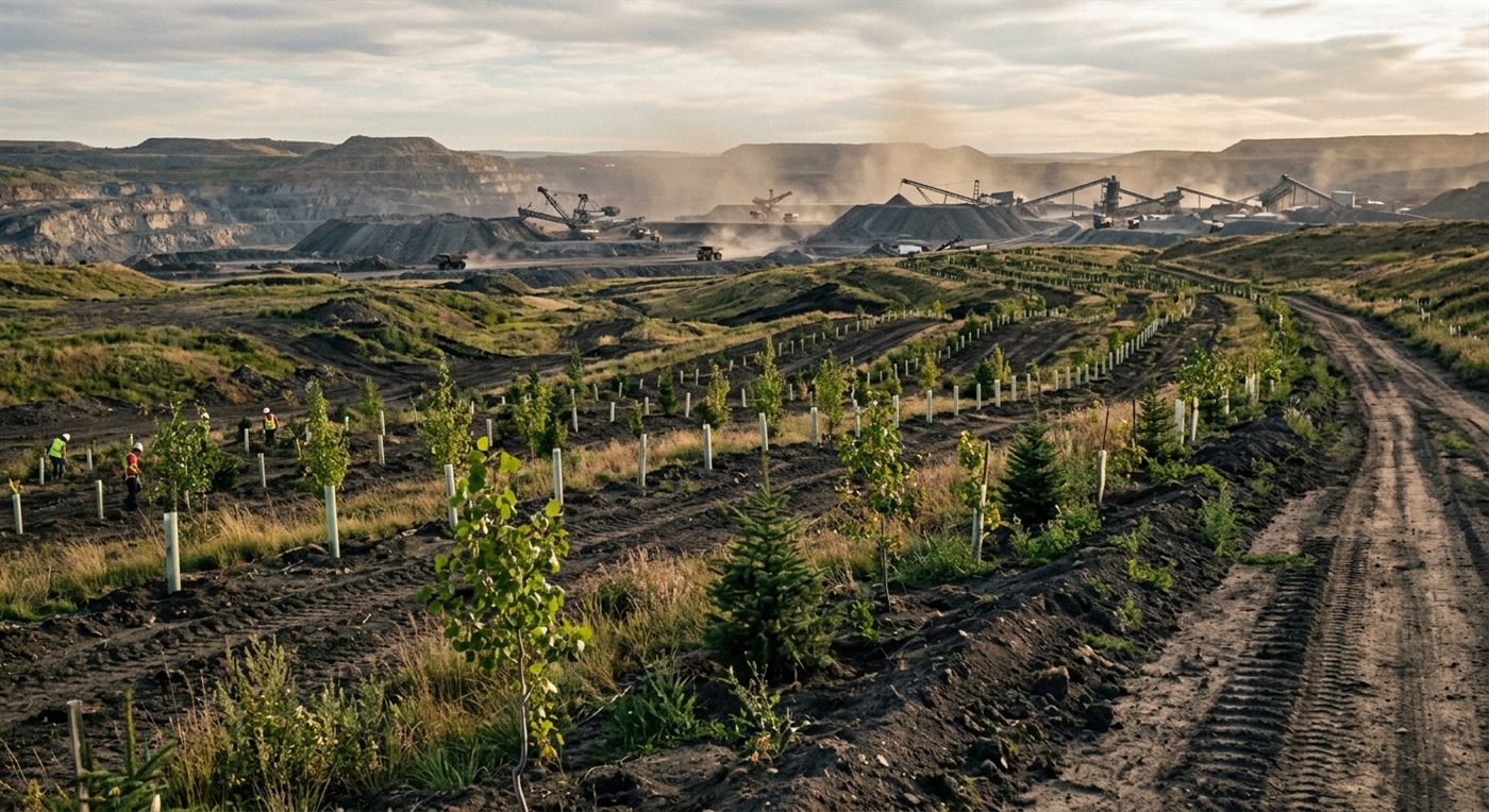 Reclaimed former mining site with young trees planted in rows near active industrial operations in the distance