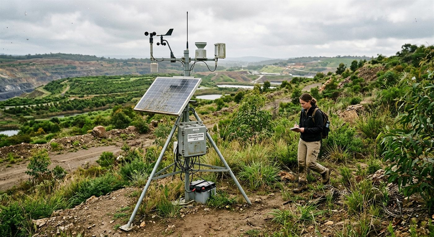 Solar-powered environmental monitoring station at the edge of a rehabilitated mine site