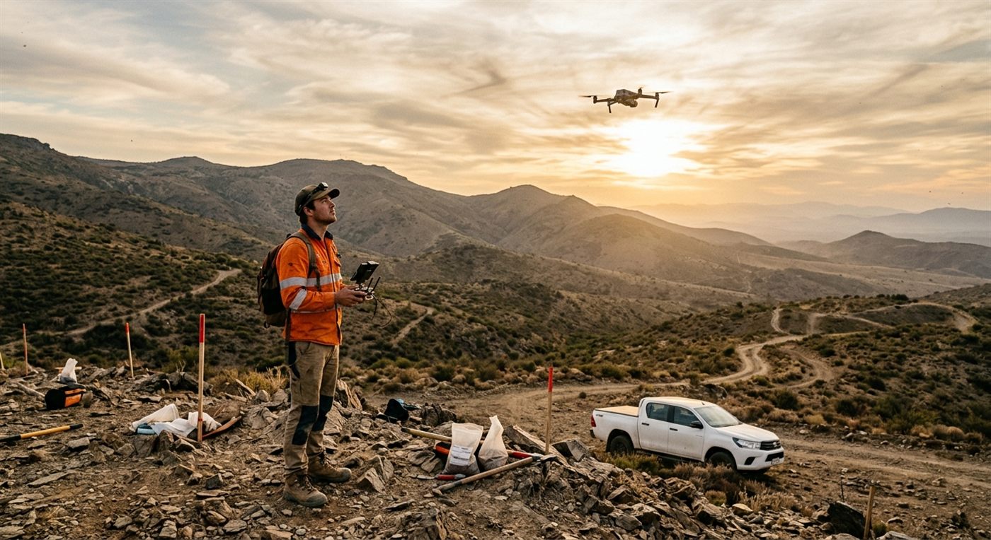 Drone conducting a mineral survey above rugged terrain