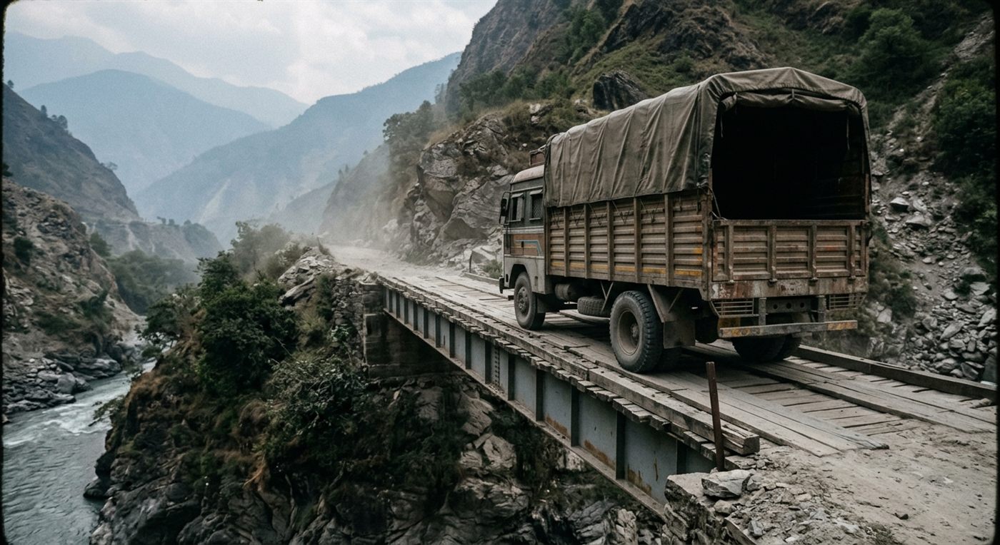 A logistics truck crossing a narrow bridge in mountainous terrain