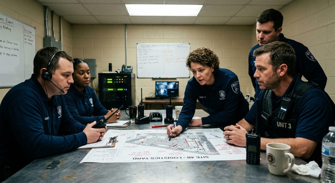 Security operations team reviewing a site map during a briefing