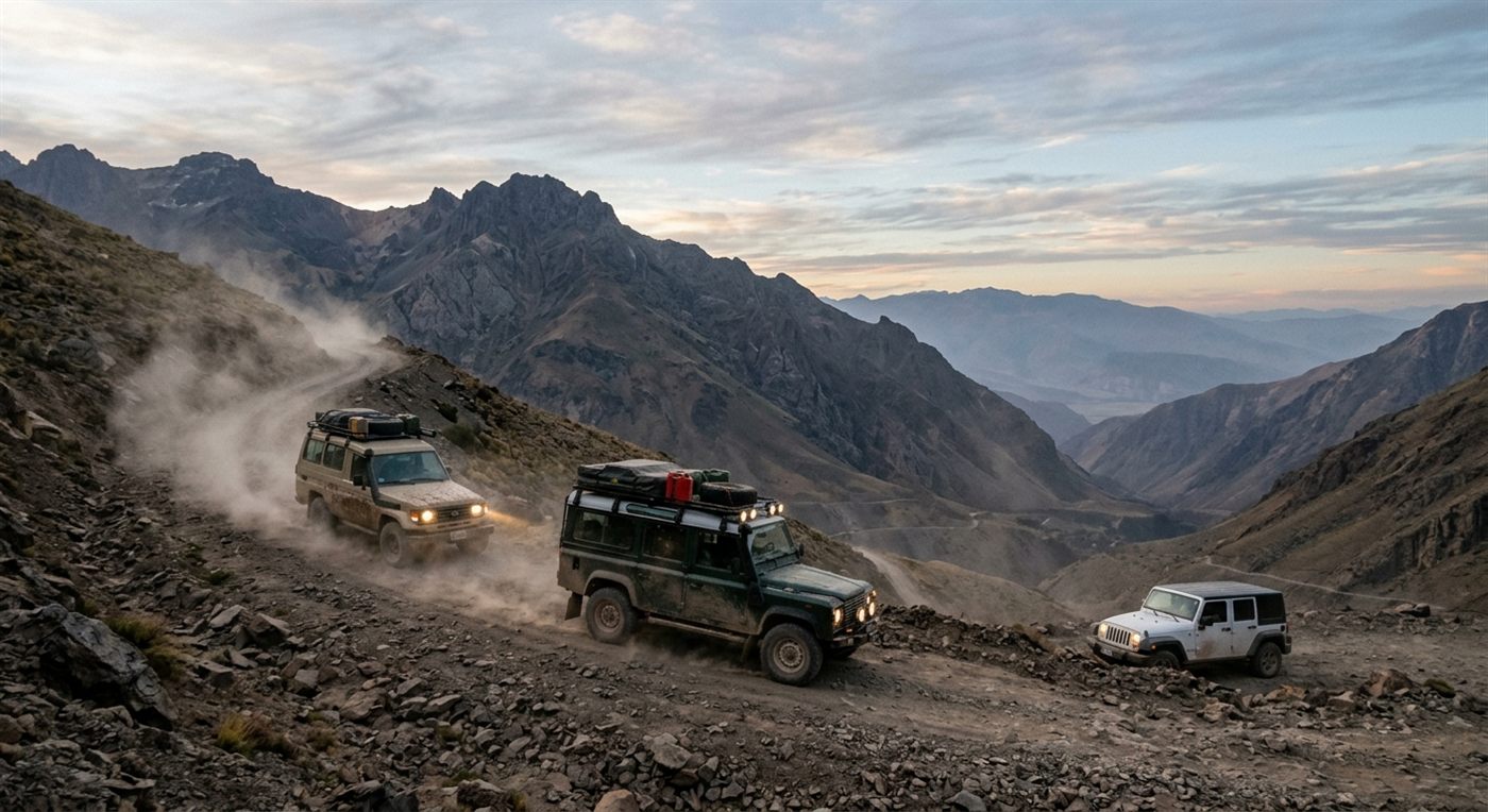 Convoy of vehicles crossing a remote mountain road at dusk