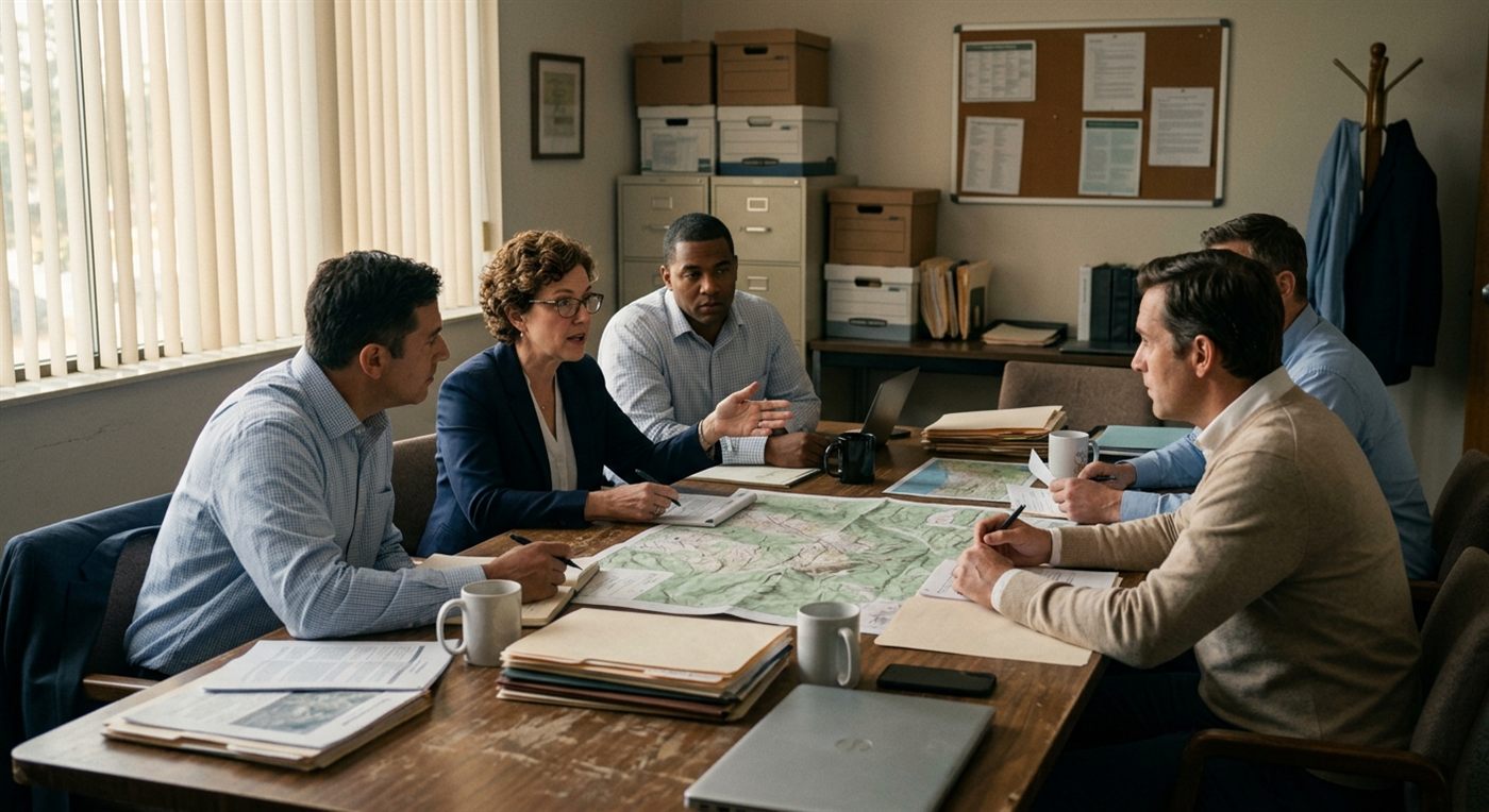 Government officials and company representatives reviewing documents in a meeting